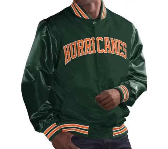 Get your Men's Miami Hurricanes green satin jacket and support your favorite team. Shop now and show off your Hurricanes pride!