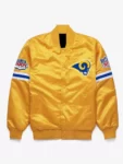 Product Specification: Material: Satin Inner Shell: Viscose Color: Yellow Closure Type: Button Style Closure. Collar: Rib knitted Collar. Cuffs: Rib knitted cuffs. Hemline: Rib knitted. Pockets: Two Side Handwarmer pockets. Los Angeles Rams Logo on the left chest and on the back.