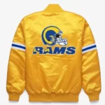 Product Specification: Material: Satin Inner Shell: Viscose Color: Yellow Closure Type: Button Style Closure. Collar: Rib knitted Collar. Cuffs: Rib knitted cuffs. Hemline: Rib knitted. Pockets: Two Side Handwarmer pockets. Los Angeles Rams Logo on the left chest and on the back.