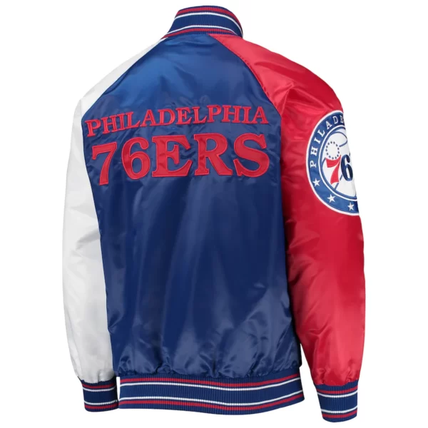 Men’s Philadelphia 76ers Royal/Red Reliever Satin Raglan Jacket