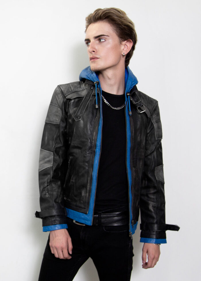 Blue Hood Leather Jacket , Hoodie Jacket