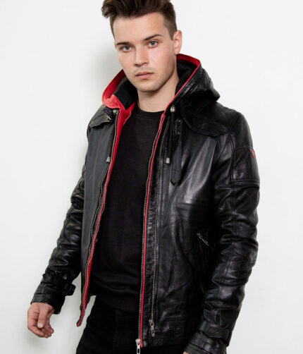 Black & Red Hooded Jacket , Leather Jacket