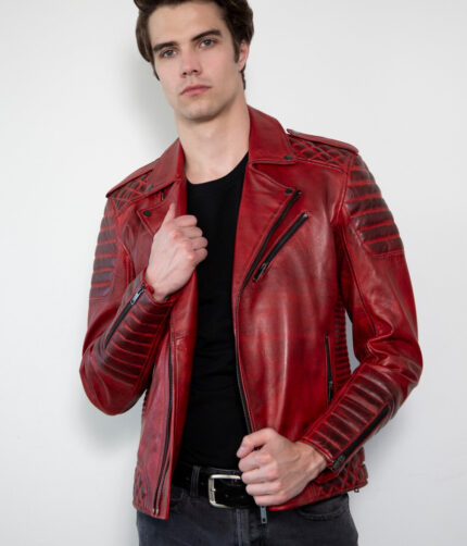Motorcycle Red Quilted Jacket , Leather Jacket