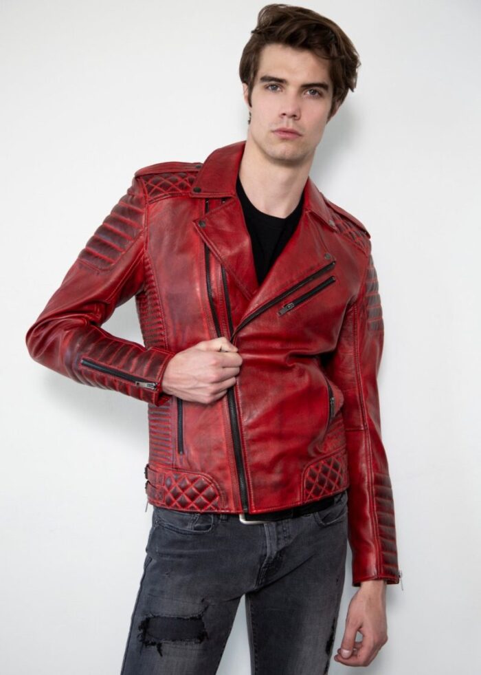 Motorcycle Red Quilted Jacket , Leather Jacket