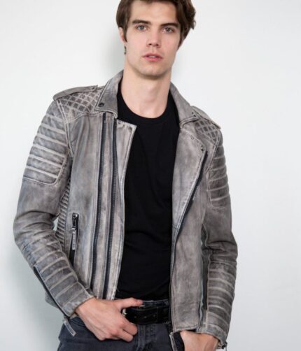 Charcoal Quilted Leather Jacket , Leather Jacket