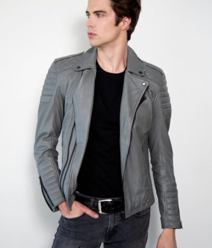 Gray Quilted Leather Jacket , Leather Jacket , Motorcycle jacket