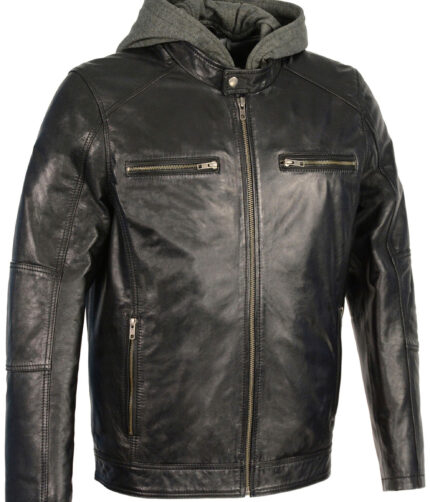 Leather Mens Snap Jacket With Removable Hood,Leather Jacket,We leather jacket,Black leather jacket, Brown leather jacket, mens jacket, mens leather jacket, mens black leather jacket, quilted pattern jacket, scooter mens jacket, Sporty jacket, mens vintage jacket, removal hood jacket, leather jacket with removal hood