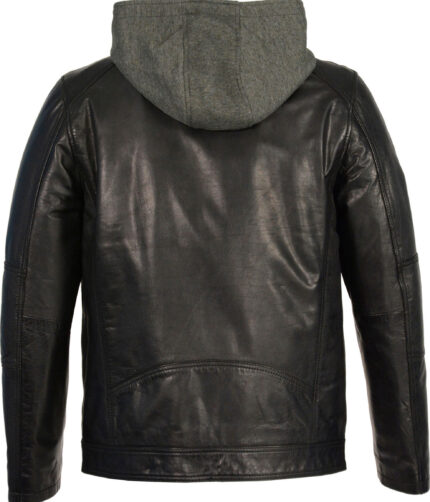 Leather Mens Snap Jacket With Removable Hood