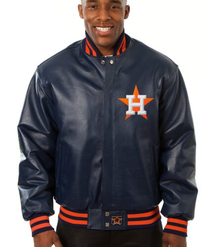 Men's Houston Astros Navy Leather Jacket, leather jacket, varsity jacket, mens varsity jacket, houston leather jacket, houston varsity jacket, mens houston jacket, mens bomber jacket, navy blue leather jacket, navy blue leather jacket, weleatherjacket, orange leather jacket,