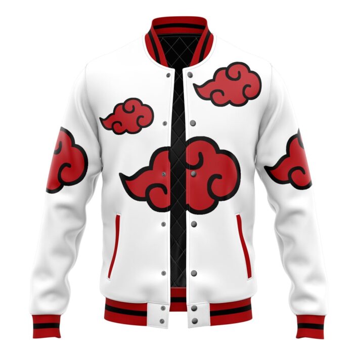 Akatsuki White Naruto Varsity Jacket,akatsuki jacket, puffer jacket, black puffer jacket, naruto jacket, varsity jacket, leather jacket,weleatherjacket, pattern jacket,pattern white varsity jacket, pattern white jacket, white varsity jacket