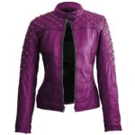 Women Purple Shoulder Studs Leather Jacket