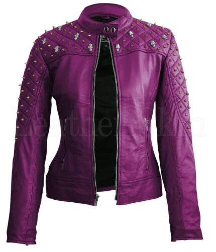 Women Purple Studded Skeletons Leather Jacket,Leather Jacket, we leather jacket, womens leather jacket, purple jacket, women jackets, gold skeleton leather jacket, skeleton leather jacket