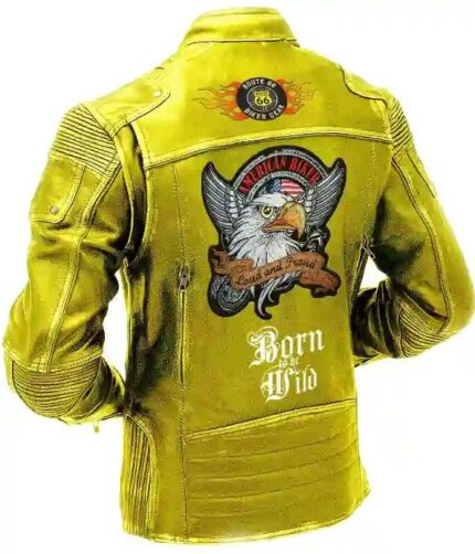 Men Yellow Vintage Eagle Leather Jacket