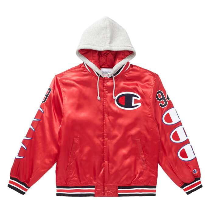 Supreme Red Champion Hooded Satin Varsity Jacket , Varsity Jacket, wool jacket, Navy Blue Varsity jacket, Navy wool jacket, Satin jacket, black satin jacket, Red satin jacket, red varsity hooded jacket, supreme jacket