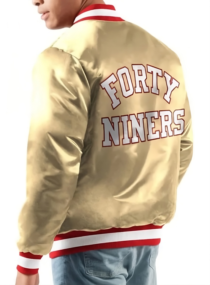 NFL Letterman San Francisco 49ers Satin Jacket, lettermen jacket, satin jacket, 49ers jacket, gold jacket, san fransico jacket, gold satin jacket, we leather jacket, varsity jacket, bomber jacket,varsity 49ers gold jacket, bomber 49ers gold jacket