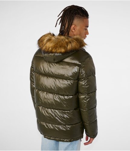 Men's Green Puffer Fur Hooded Jacket