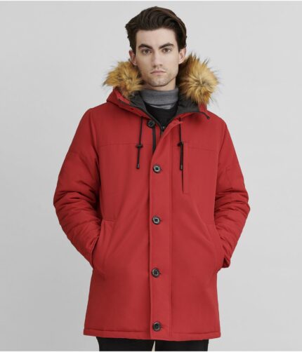 Men's Red Polyester Fur Hood Jacket, hooded jacket, mens hooded jacket, fur hood jacket, fur hooded jacket,mens hooded polyester jacket, Red hooded jacket,Red hooded polyester jacket, polyester jacket, red jacket, weleatherjacket