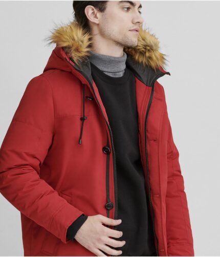 Men's Red Polyester Fur Hood Jacket