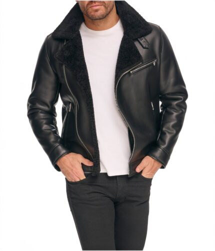 Men's Black Shearling Collar Jacket, men's jacket,men's black jacket, men's leather jacket,leather jacket, black leather jacket,shearling jacket, shearling collar jacket,collar jacket, black polyester jacket,polyester jacket, weleatherjacket