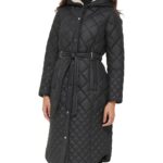 Women's Belted Quilted Long Jacket, womens jacket, polyester jacket, womens long jacket, black jacket, black polyester jacket, womens polyester jacket, womens black polyester Jacket, black long jacket, hooded jacket, polyester hooded jacket, black hooded jacket, polyester hooded jacket, weleatherjacket