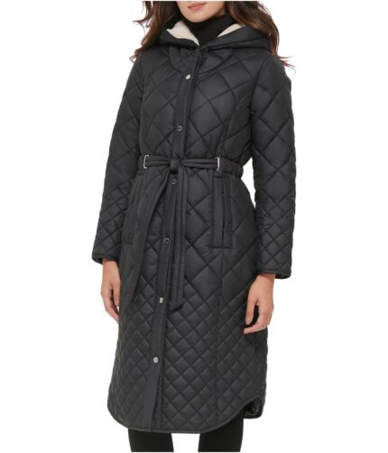 Women's Belted Quilted Long Jacket, womens jacket, polyester jacket, womens long jacket, black jacket, black polyester jacket, womens polyester jacket, womens black polyester Jacket, black long jacket, hooded jacket, polyester hooded jacket, black hooded jacket, polyester hooded jacket, weleatherjacket