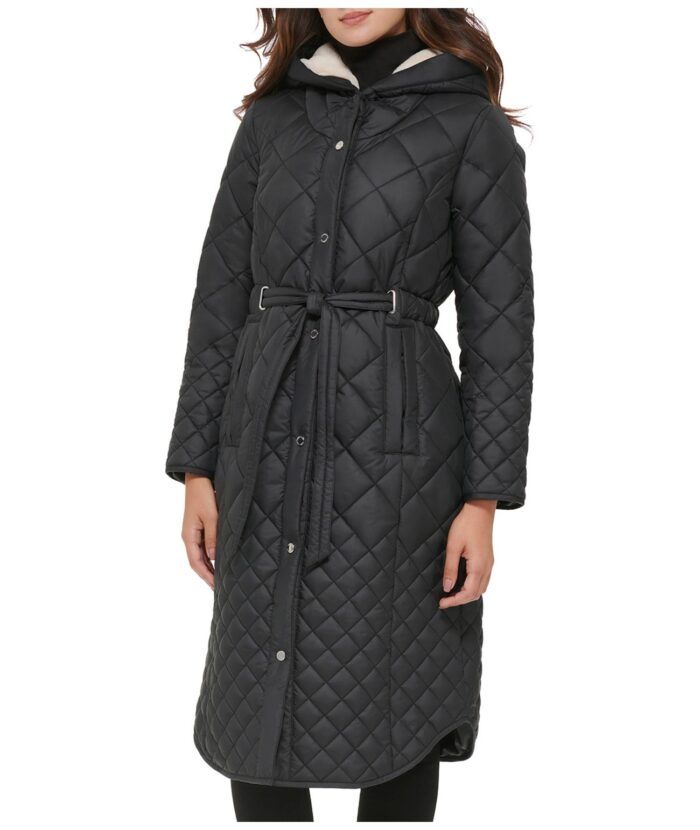 Women's Belted Quilted Long Jacket, womens jacket, polyester jacket, womens long jacket, black jacket, black polyester jacket, womens polyester jacket, womens black polyester Jacket, black long jacket, hooded jacket, polyester hooded jacket, black hooded jacket, polyester hooded jacket, weleatherjacket