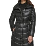 Women's Polyester Belted Neck Jacket, belted jacket, women belted jacket,women belted leather jacket, leather jacket, Black coat, Black stadium coat, Black hooded stadium coat, polyester coat,puffer coat, length coat, womens length coat,womens Black coat, womens Black hooded coat, long coat, womens long coat, womens Black long coat, Black puffer coat,Black stadium coat, weleatherjacket