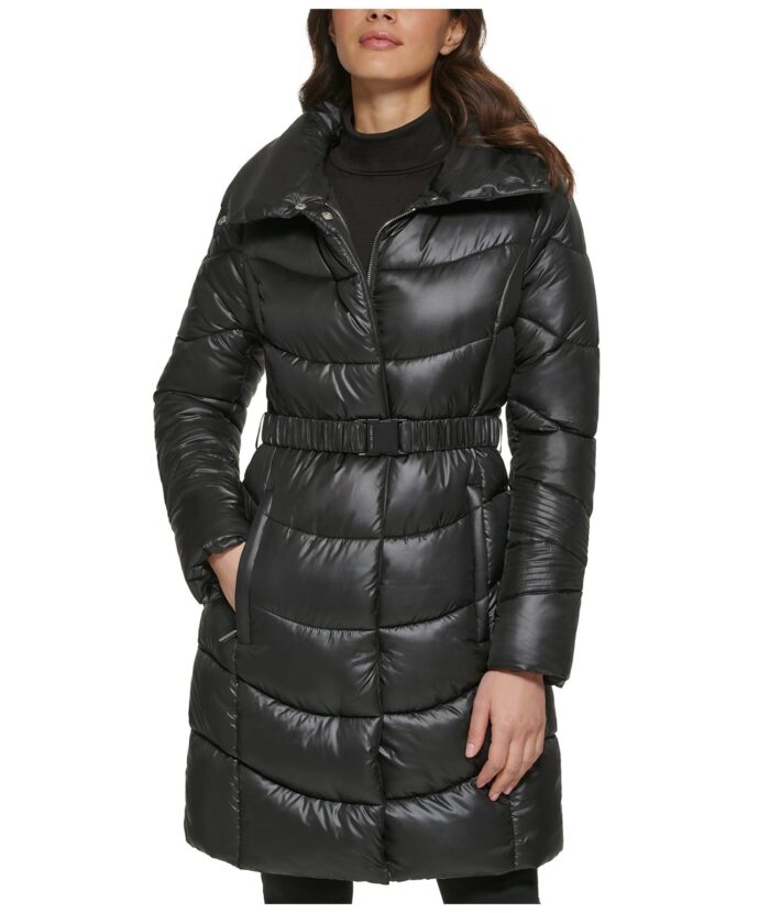 Women's Polyester Belted Neck Jacket, belted jacket, women belted jacket,women belted leather jacket, leather jacket, Black coat, Black stadium coat, Black hooded stadium coat, polyester coat,puffer coat, length coat, womens length coat,womens Black coat, womens Black hooded coat, long coat, womens long coat, womens Black long coat, Black puffer coat,Black stadium coat, weleatherjacket