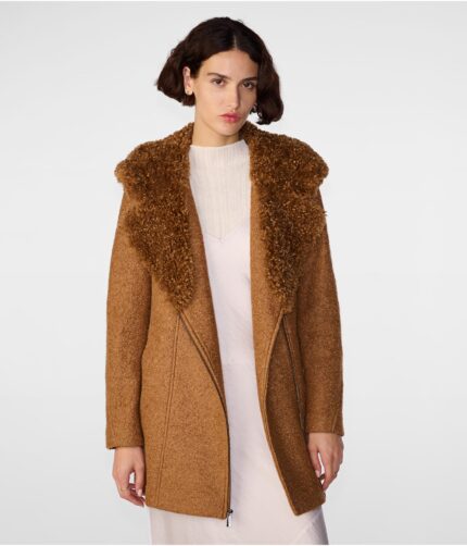 Women's Camel Wool Coat With Fur Hood,