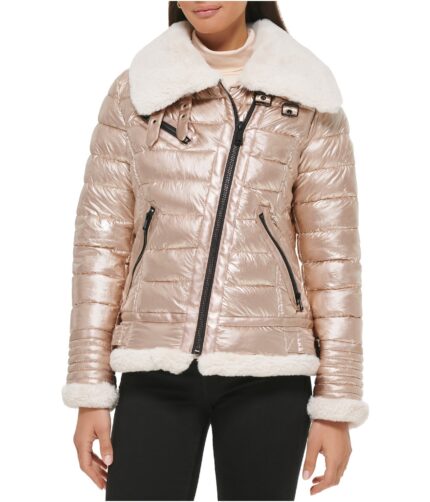 Women's Puffer Fur Detail Jacket, womens puffer jacket, puffer jacket, polyester jacket, womens polyester jacket,champagne jacket, womens champagne jacket, champagne polyester jacket, womens fur jacket, womens polyester fur jacket, weleatherjacket