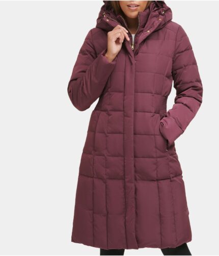 Women's Maroon Polyester Down Coat, womens coat, womens polyester, womens hooded coat, hooded coat, maroon hooded coat,maroon coat,maroon polyester coat, faux coat, maroon mink coat, maroon mink hooded coat, mink coat, down coat, weleatherjacket