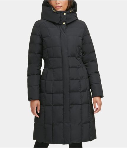 Women's Black Polyester Down Coat, womens jacket, polyester jacket, womens long jacket, Black jacket, Black polyester jacket, womens polyester jacket, womens Black polyester Jacket, Black long jacket, hooded jacket, polyester hooded jacket, Black hooded jacket, polyester hooded jacket, quilted jacket,long jacket,womens quilted jacket, belted jacket, removable fur jacket, removable fur hood jacket, removable jacket, removable polyester jacket, down coat, black polyester down coat, womens black down coat, weleatherjacket