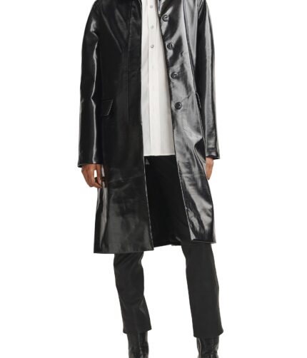 Coat morin faux, Black Leather Coat, Black Morin Faux Leather Coat