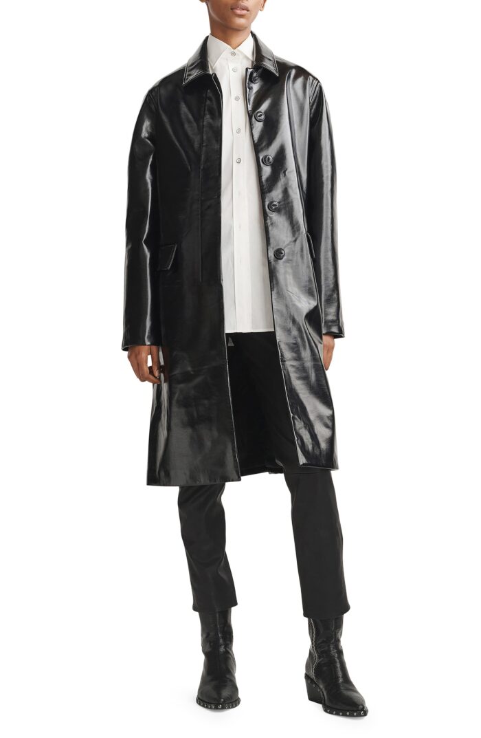 Coat morin faux, Black Leather Coat, Black Morin Faux Leather Coat