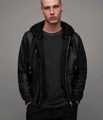 Black Removable Hood Leather Jacket, men's jacket, men's leather jacket, leather jacket, hooded jacket, hooded leather jacket, black jacket, black leather jacket,black hooded jacket, removable hood jacket, black removable hood jacket, removable hooded jacket, weleatheracket