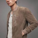 Men's Beige Bomber Suede Jacket