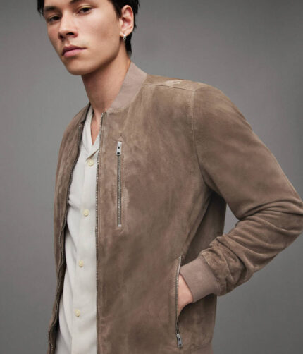 Men's Beige Bomber Suede Jacket