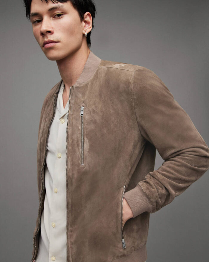 Men's Beige Bomber Suede Jacket