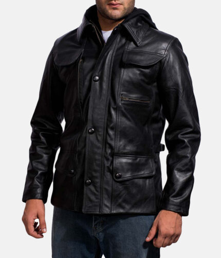 Men's Black Hooded Leather Jacket, men's jacket, leather jacket, men's leather jacket,hooded jacket, hooded leather jacket, black hooded jacket, black jacket, black leather jacket, weleatherjacket