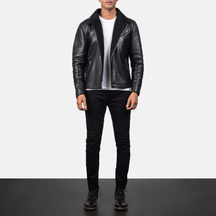 Men's Shearling Black Leather Jacket,shearling jacket, shearling leather jacket,men's jacket, men's leather jacket, men's shearling jacket, black jacket, black leather jacket, black shearling jacket, black fur jacket, fur collar jacket,weleatherjacket