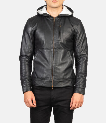 Baston Black Hooded Bomber Jacket, baston jacket, baston leather jacket, men's jacket, men's leather jacket, black jacket, hooded jacket, hooded leather jacket,bomber jacket, black bomber jacket, bomber leather jacket