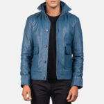 Men's Blue Leather Buttoned Jacket, leather jacket, buttoned jacket, buttoned leather jacket, blue jacket, blue leather jacket, men's jacket, men's leather jacket men's buttoned jacket, buttoned jacket, welatherjacket