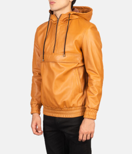 Men's Tan Hooded Pullover Jacket, tan hooded jacket, tan hooded leather jacket,hooded jacket, hooded leather jacket, men's hooded jacket, hooded jacket, men's hooded leather jacket, pullover jacket, pullover leather jacket