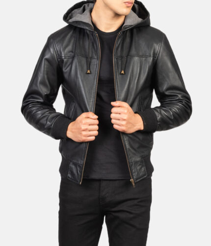 Men's Black Hooded Leather Jacket, men's hooded jacket, black hooded jacket, leather jacket, leather hooded jacket,hooded jacket, black hooded jacket, men's jacket, leather jacket,bomber jacket, bomber hooded jacket, bomber leather jacket,black bomber jacket, weleatherjacket