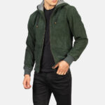 Green Hooded Bomber Suede Jacket, men's jacket, hooded jacket, hooded leather jacket, leather jacket, suede jacket, suede leather jacket, green jacket, green hooded jacket, hooded jacket, bomber jacket, bomber hooded jacket, green bomber jacket, weleatherjacket