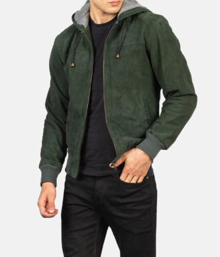 Men's Hooded Suede Bomber Jacket, men's jacket, men's leather jacket,leather jacket, Green hooded jacket, hooded jacket, hooded leather jacket, Green zipper hooded jacket, Green jacket,suede jacket, suede bomber jacket,green suede jacket,bomber jacket, bomber leather jacket, green jacket, green bomber jacket, weleatherjacket