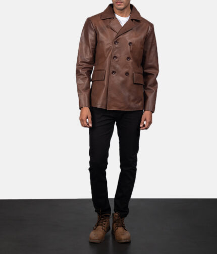 Bailey Brown Leather Naval Peacoat, leather coat, furlong coat, brown coat,brown leather coat,men's coat, men's leather coat, suede leather coat, suede coat,furlong leather coat, brown leather coat,infinity coat, infinity suede coat, infinity brown coat, button coat, brown button coat, weleatherjacket