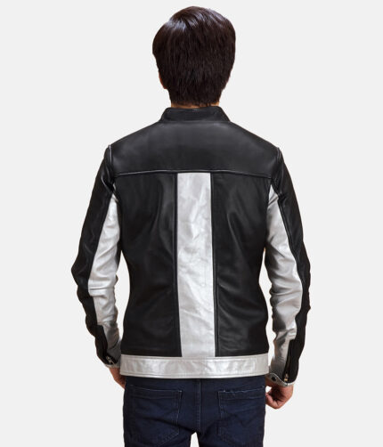 Men's Silver Black Leather Biker Jacket