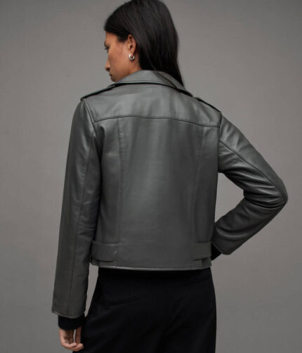 Women's Grey Belted Leather Jacket