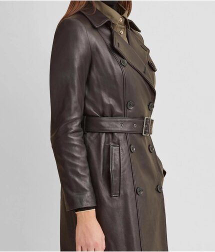 Women's Breasted Belted Leather Coat